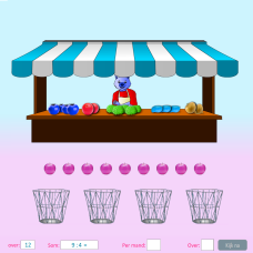 Screenshot van Fruitmarkt. Een spelletje om delen met rest te oefenen